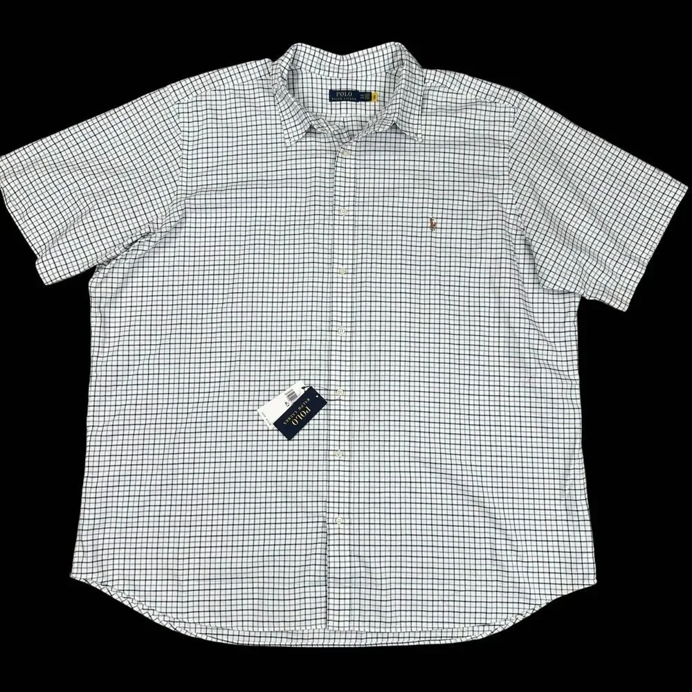 Polo Ralph Lauren Mens Size 4LT White Plaid Button Up Shirt Short Sleeve‎ NEW